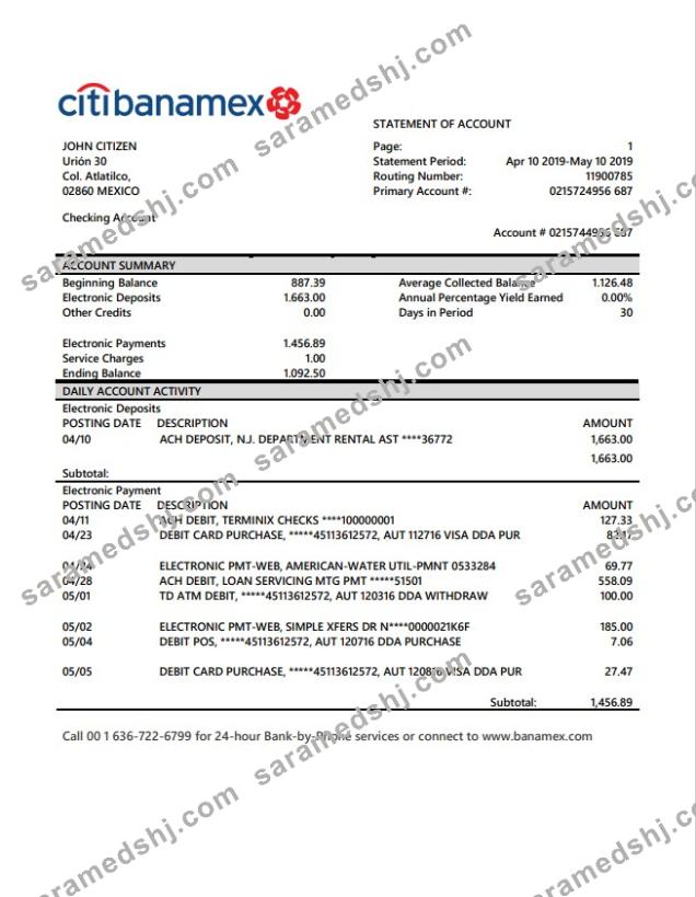 Mexico Citibanamex bank statement
